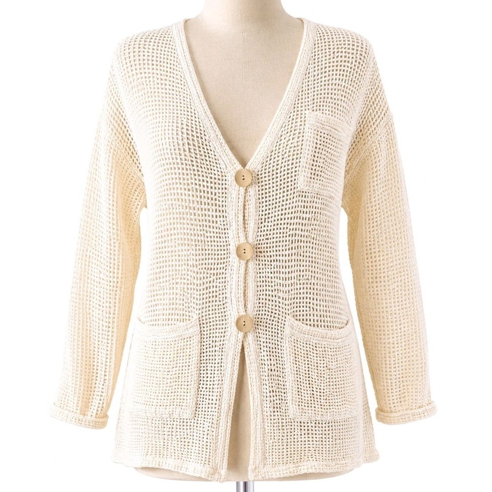 Vintage Portocruz Cardigan Sweater Women's Small Ivory Open Knit Made USA